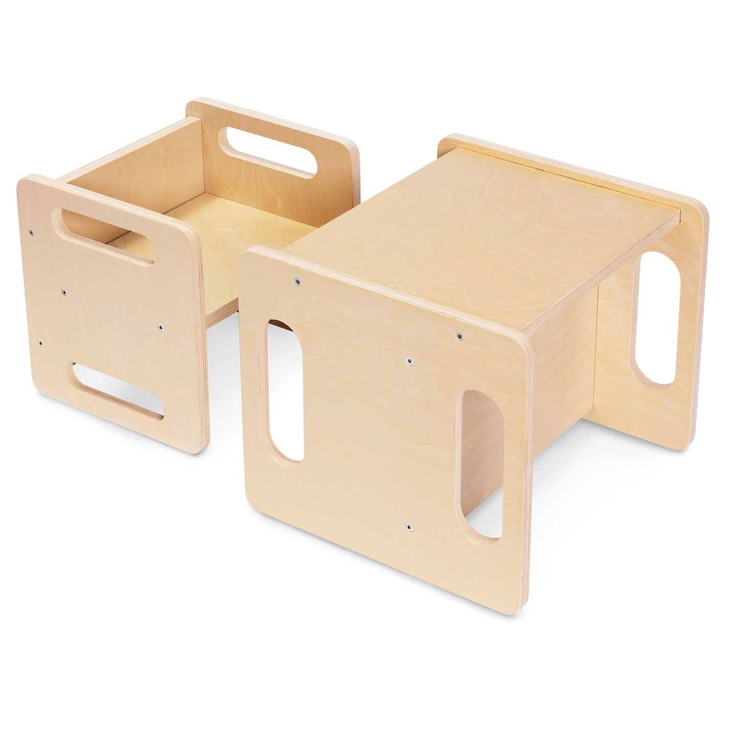 Mesa e cadeira de madeira com função de trampolim – um conjunto Montessori multifuncional para crianças