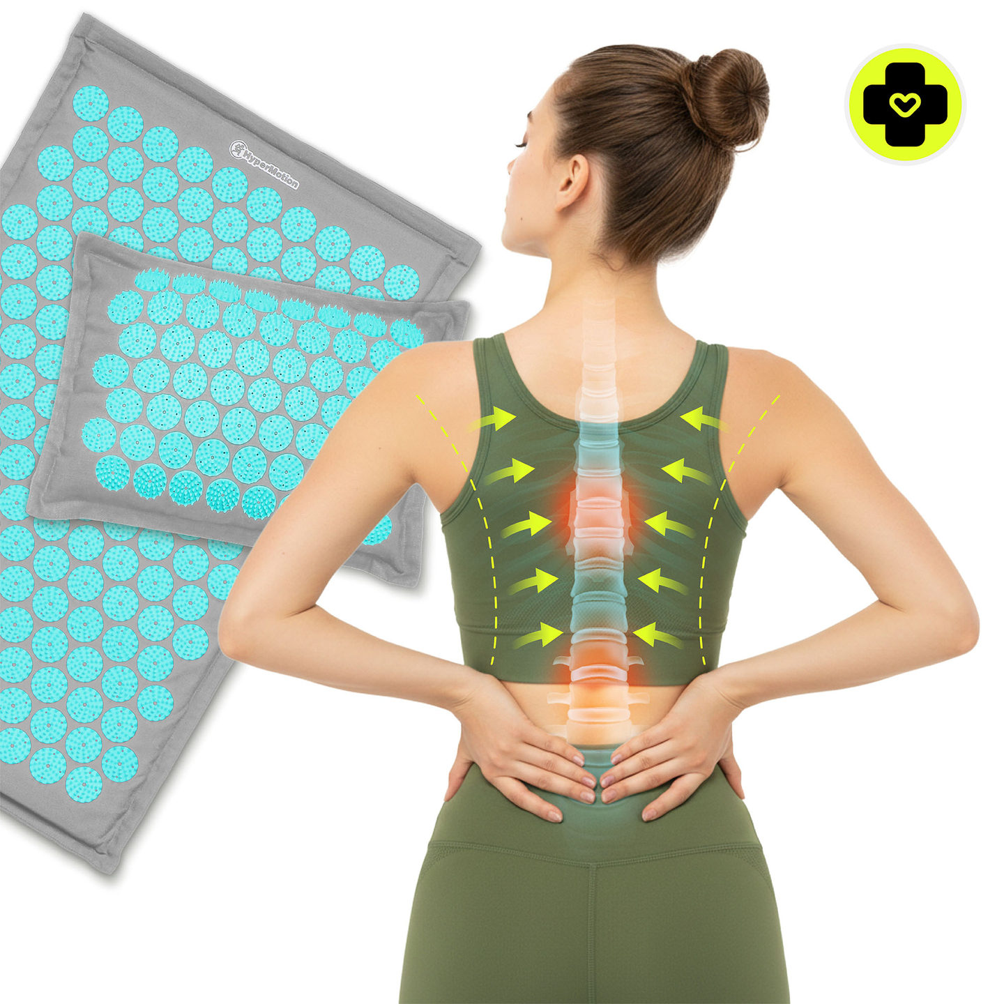 Tapete de acupressão em linho ecológico com fibra de coco e almofada de trigo sarraceno – 68 cm HyperMotion Cinza-Menta
