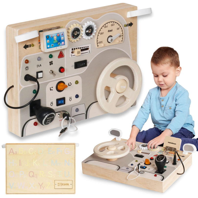 Tabuleiro de madeira Montessori para crianças pequenas - painel de instrumentos do carro