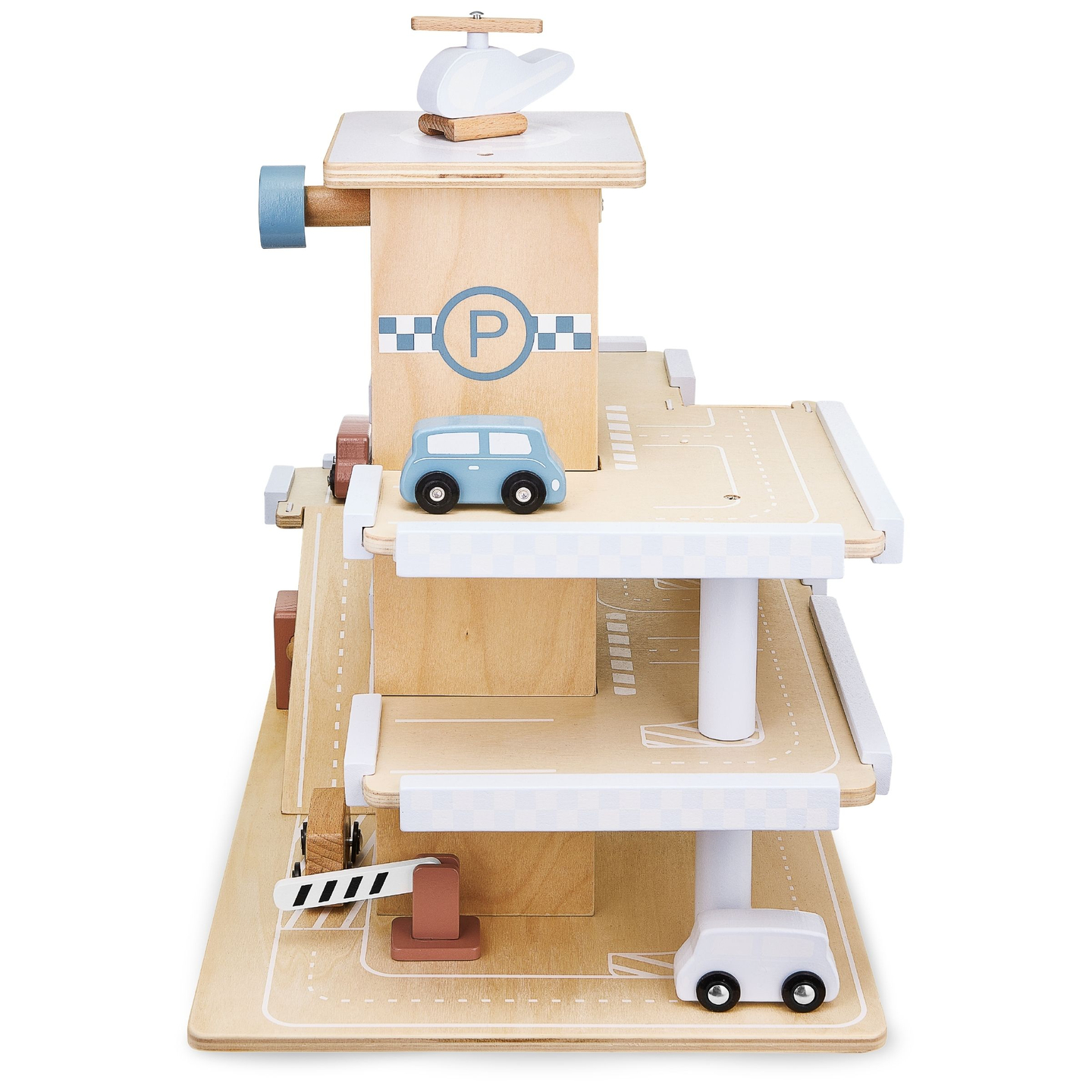 Estacionamento de três níveis em madeira com elevador - garagem para carros e helicóptero