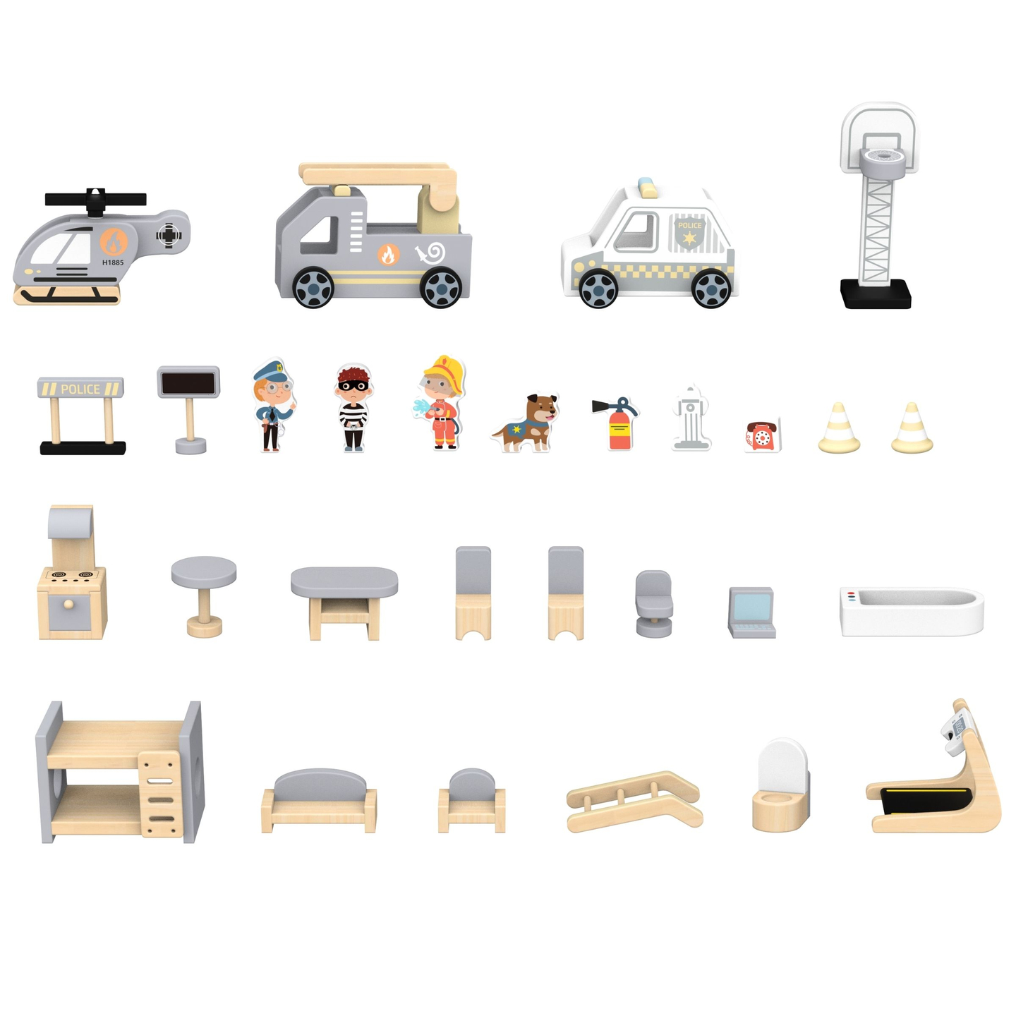 Grande corpo de bombeiros dobrável com delegacia - conjunto de madeira. Corpo de bombeiros e delegacia com acessórios.