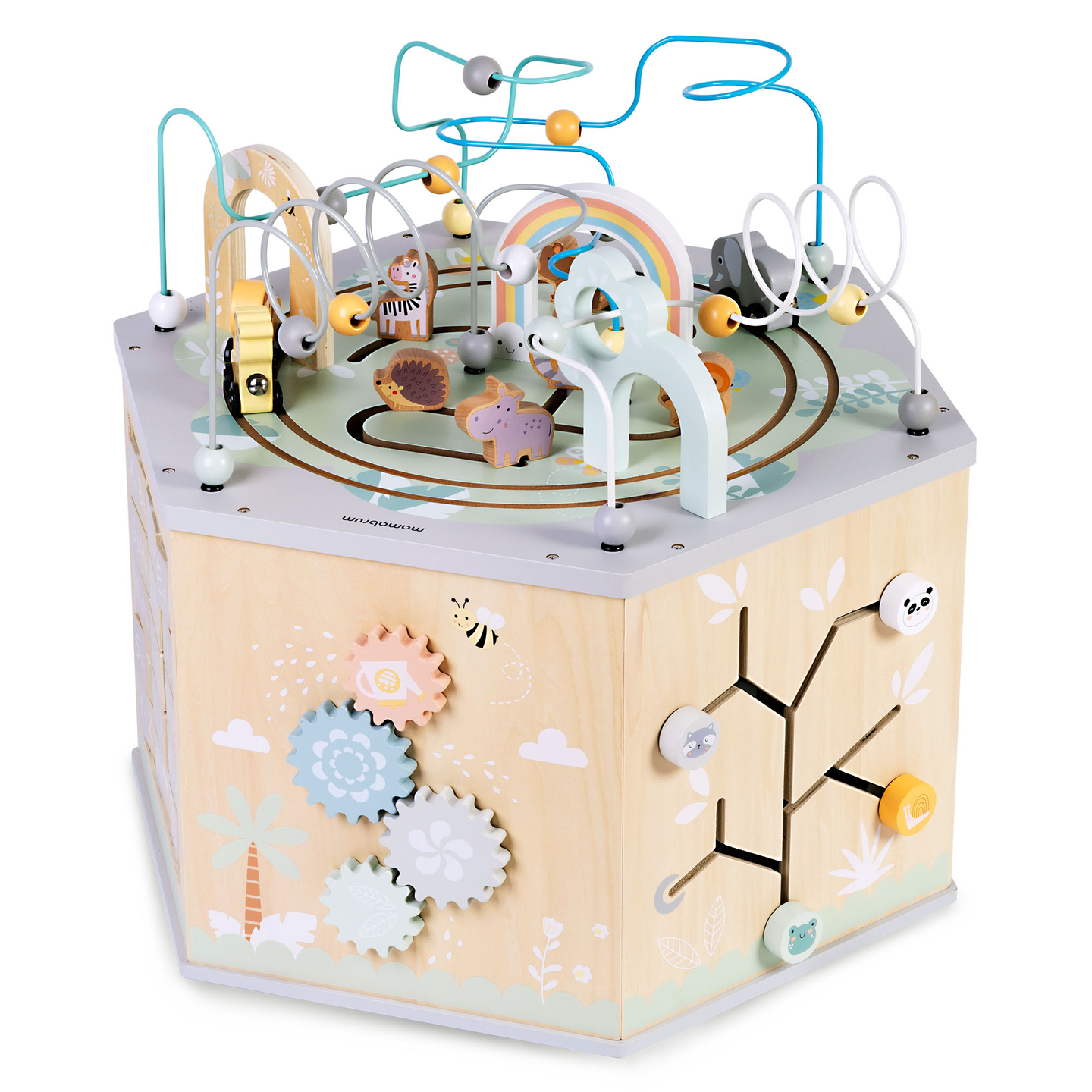 Grande cubo educacional de madeira - um brinquedo Montessori com um trem magnético e laços de motor