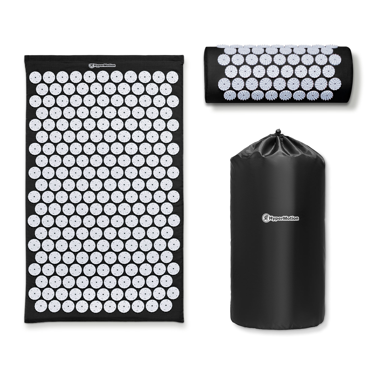 Tapete de acupressão com almofada e capa - 72 cm HyperMotion preto e branco