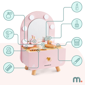 Mini penteadeira infantil de madeira com acessórios e iluminação LED com ajuste suave de brilho.