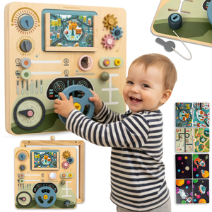 Tábua Montessori de madeira 2 em 1 Cockpit para o Pequeno Motorista e Piloto – volante, câmbio, mapas de viagem, radar