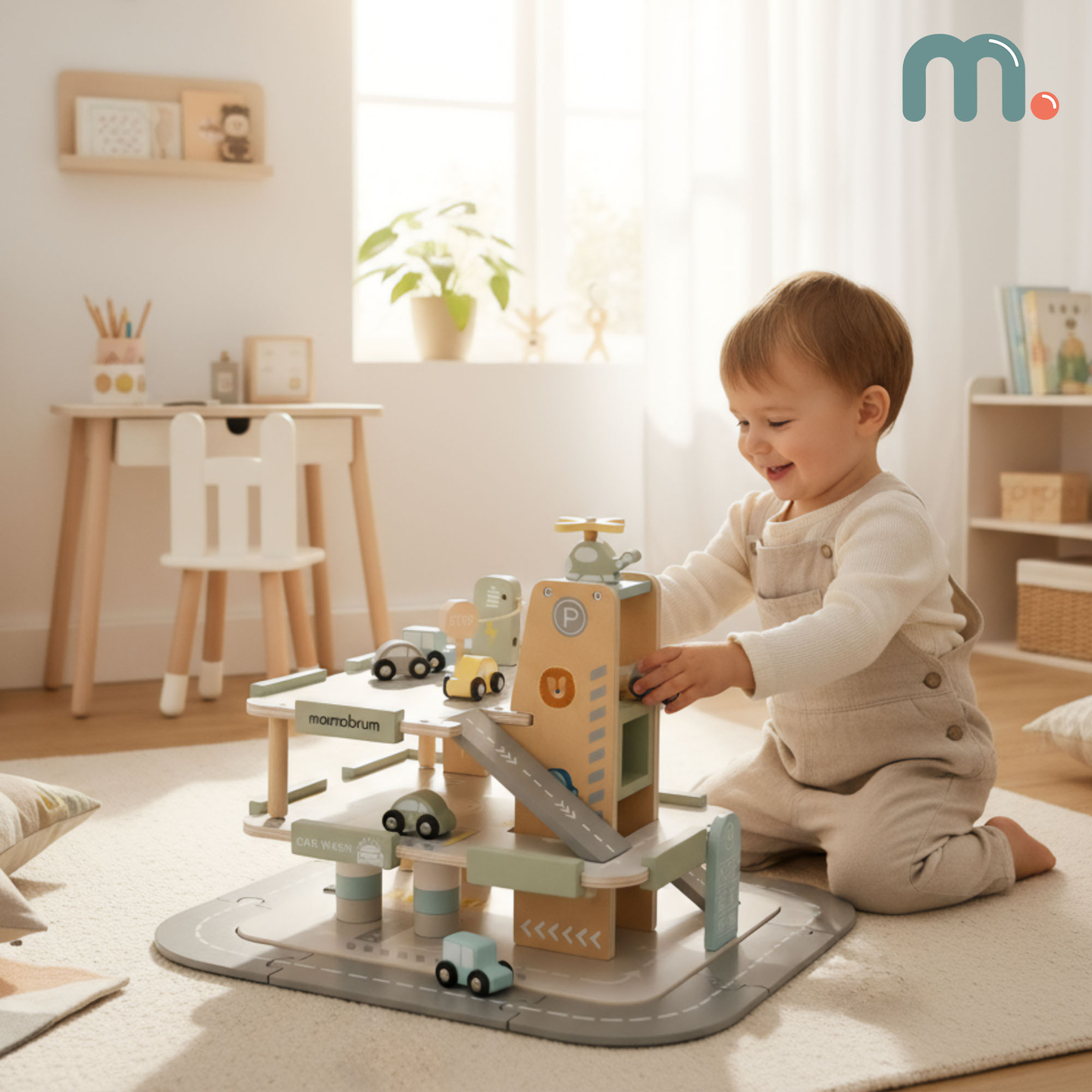 Garagem de madeira de três andares para crianças com acessórios – estacionamento, posto de gasolina, lava-rápido, helicóptero