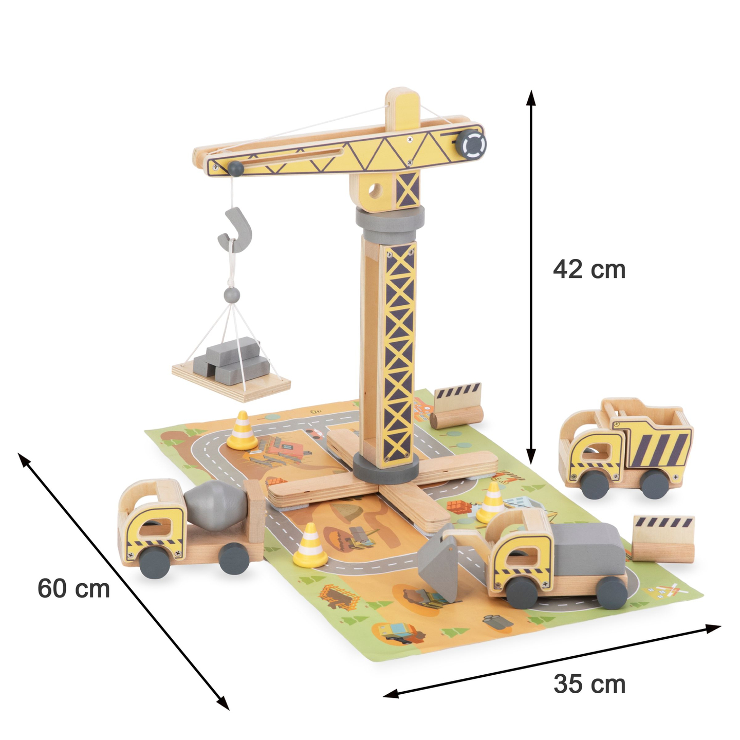 Canteiro de obras de madeira com grande guindaste móvel e veículos, guindaste de torre