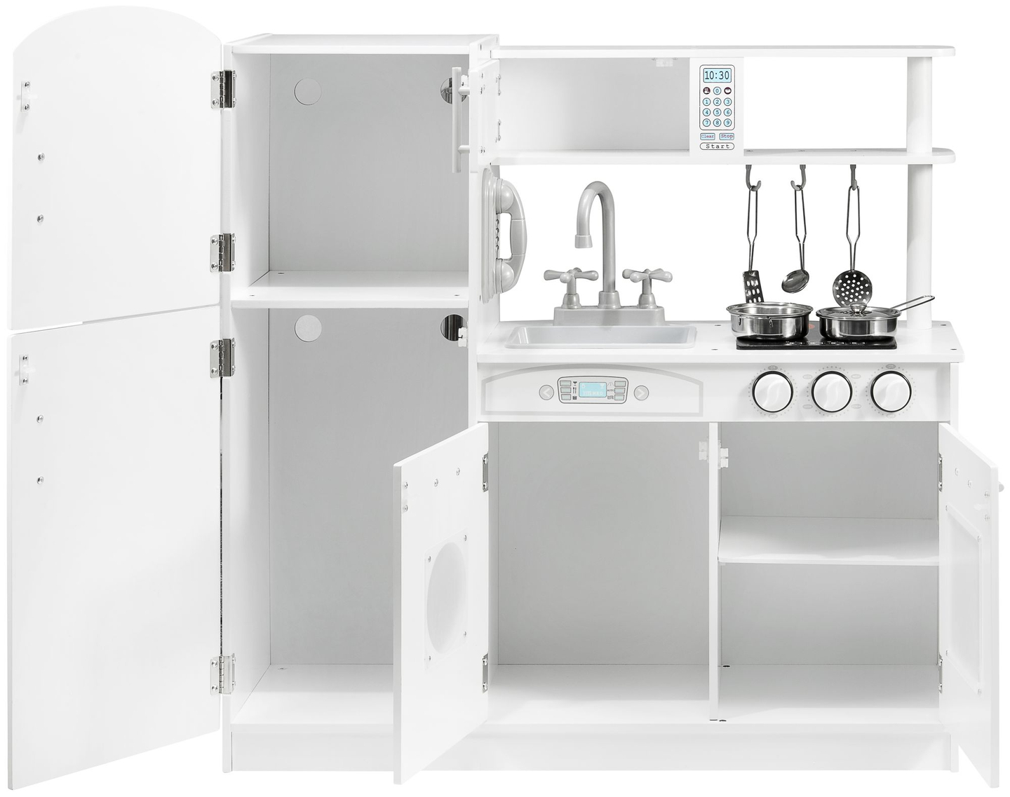 Grandes acessórios de cozinha brancos de madeira e avental