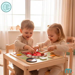 Quadro Educacional Montessori de Madeira Pequeno Dentista - escova de dentes, pasta de dentes, dentes removíveis, espelho, comida, sabores de aprendizagem