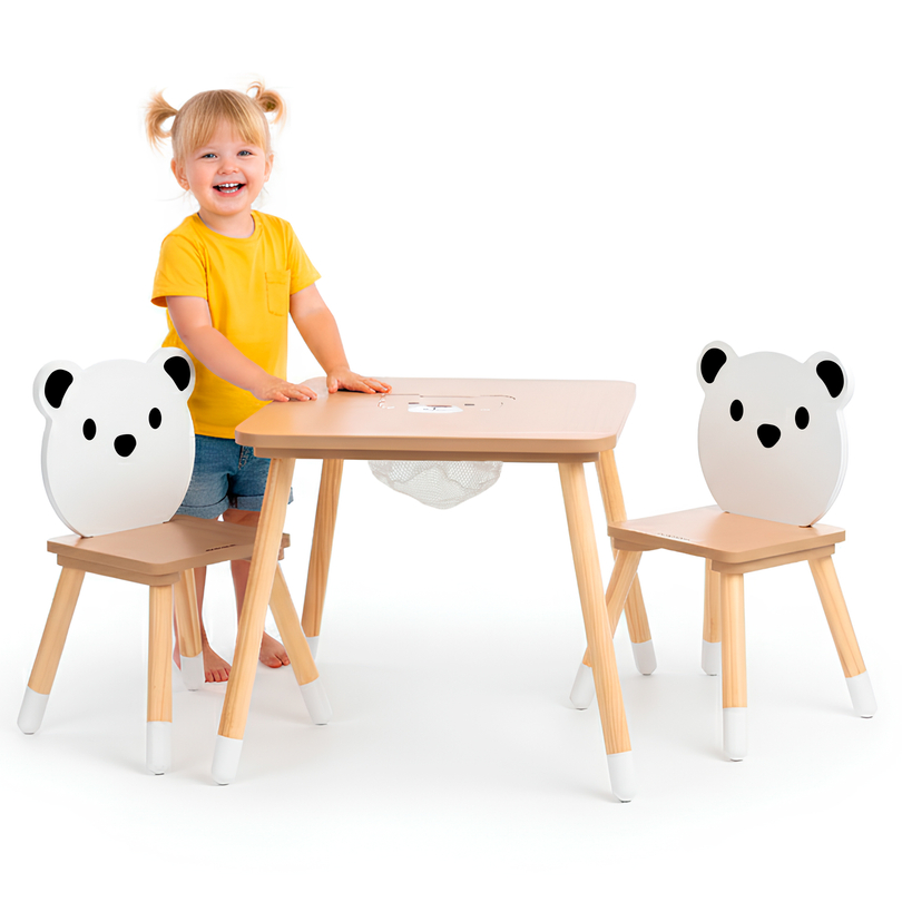 Mesa de madeira com armazenamento e 2 cadeiras Conjunto infantil - Ursinho de pelúcia fofo