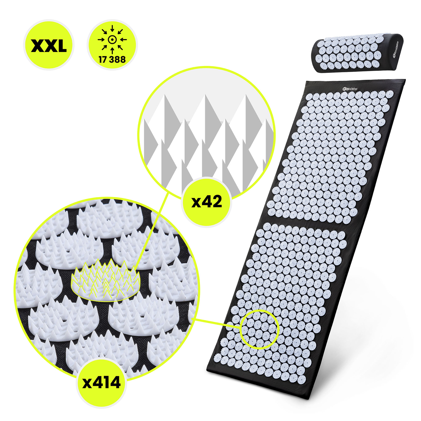 Tapete de acupressão grande com almofada e capa - 130 cm HyperMotion preto e branco