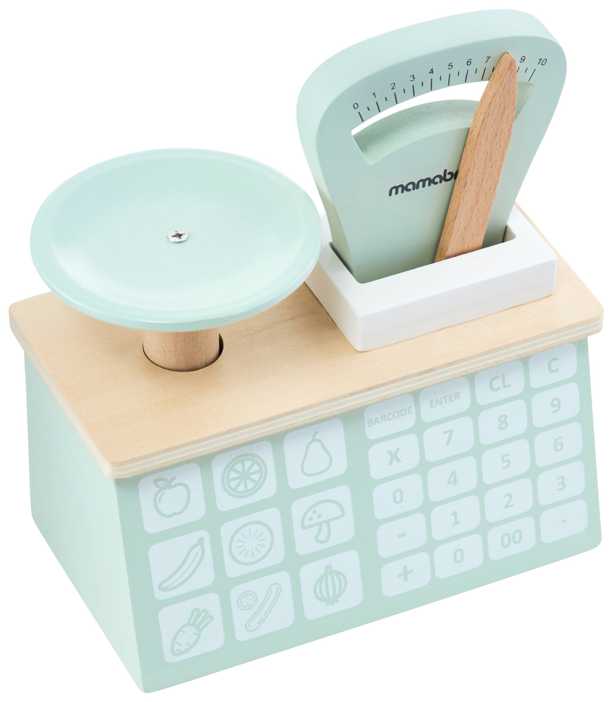 Grande loja de madeira - barraca e teatro 2 em 1 com balança, terminal de pagamento, legumes e frutas