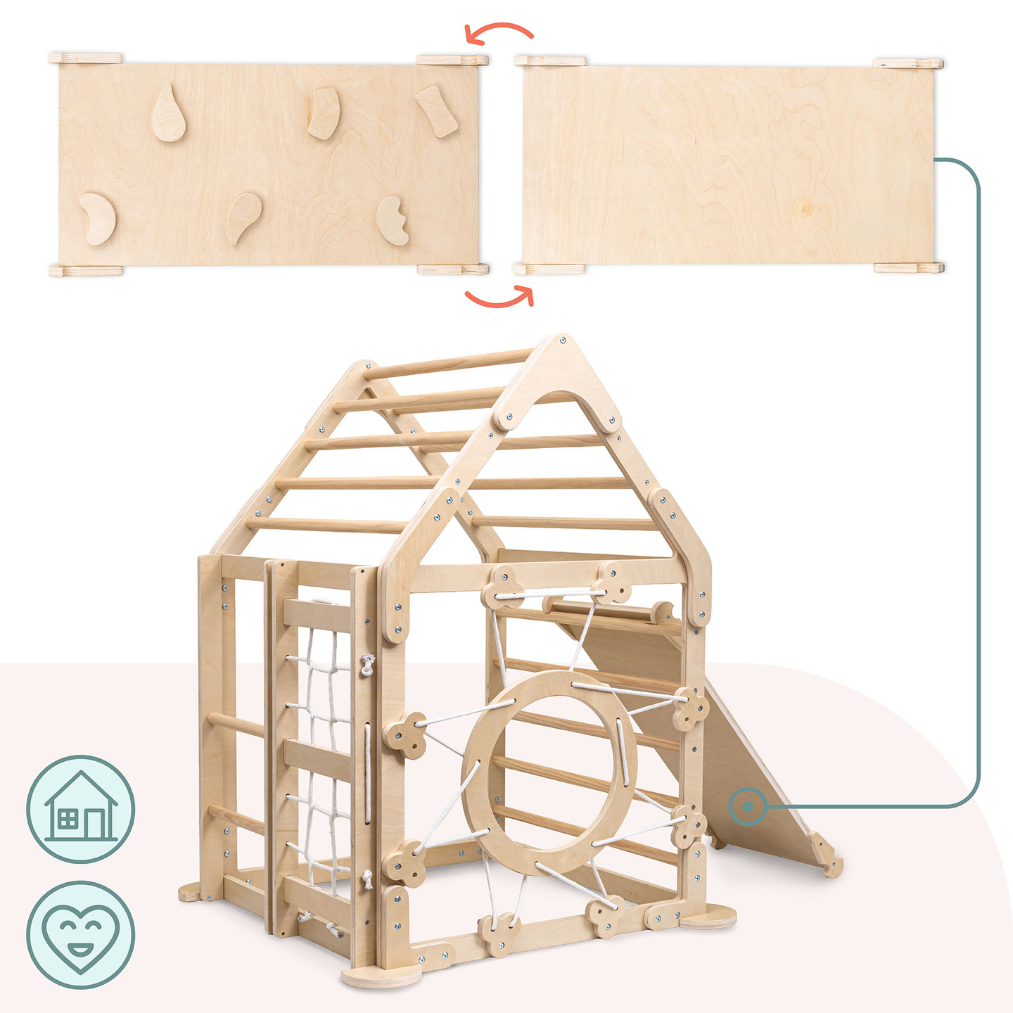 Playground interno de madeira para crianças - uma casa com escadas e um escorregador