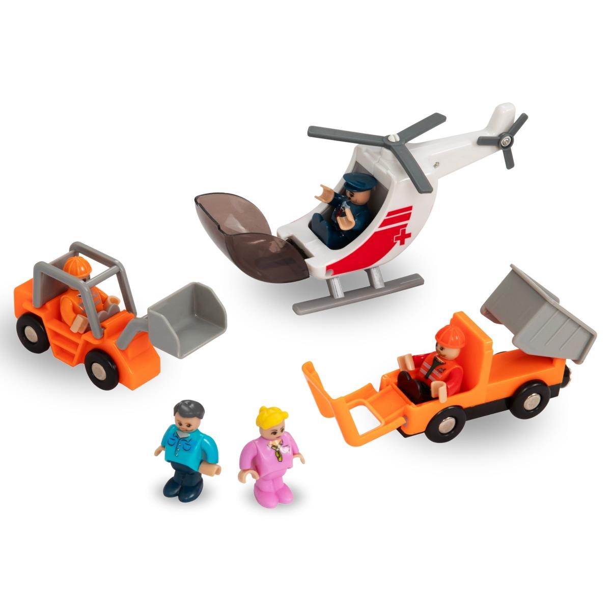 Ferrovia de madeira, trem movido a bateria - Cidade: trilhos, carros, ponte, aeroporto