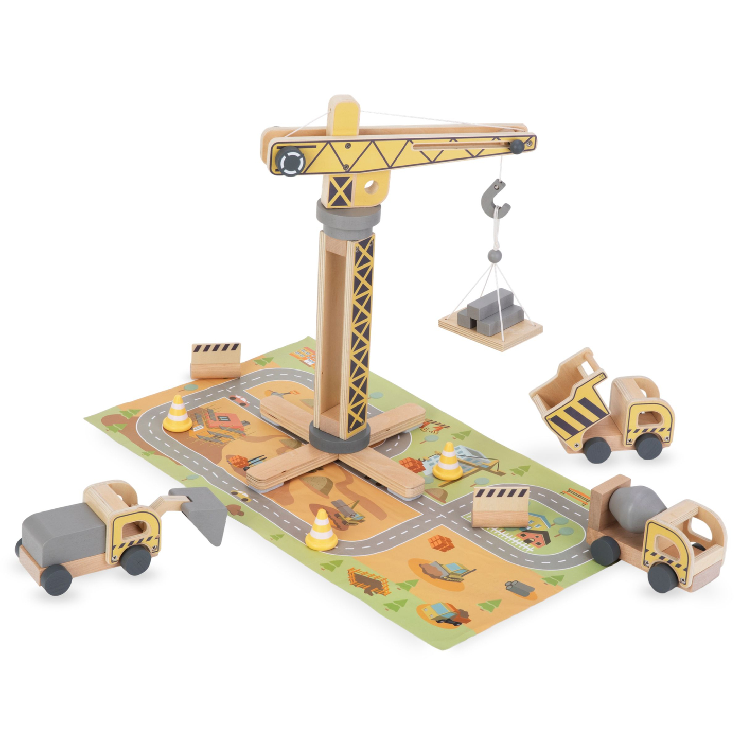 Canteiro de obras de madeira com grande guindaste móvel e veículos, guindaste de torre