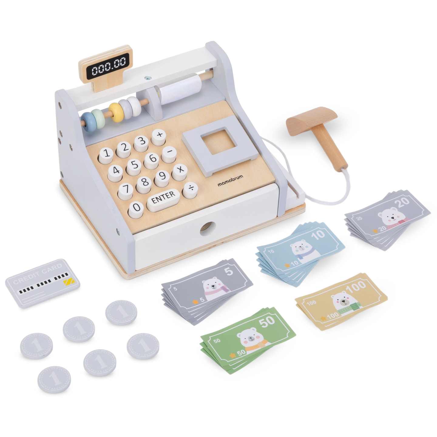 Caixa registradora de madeira com acessórios