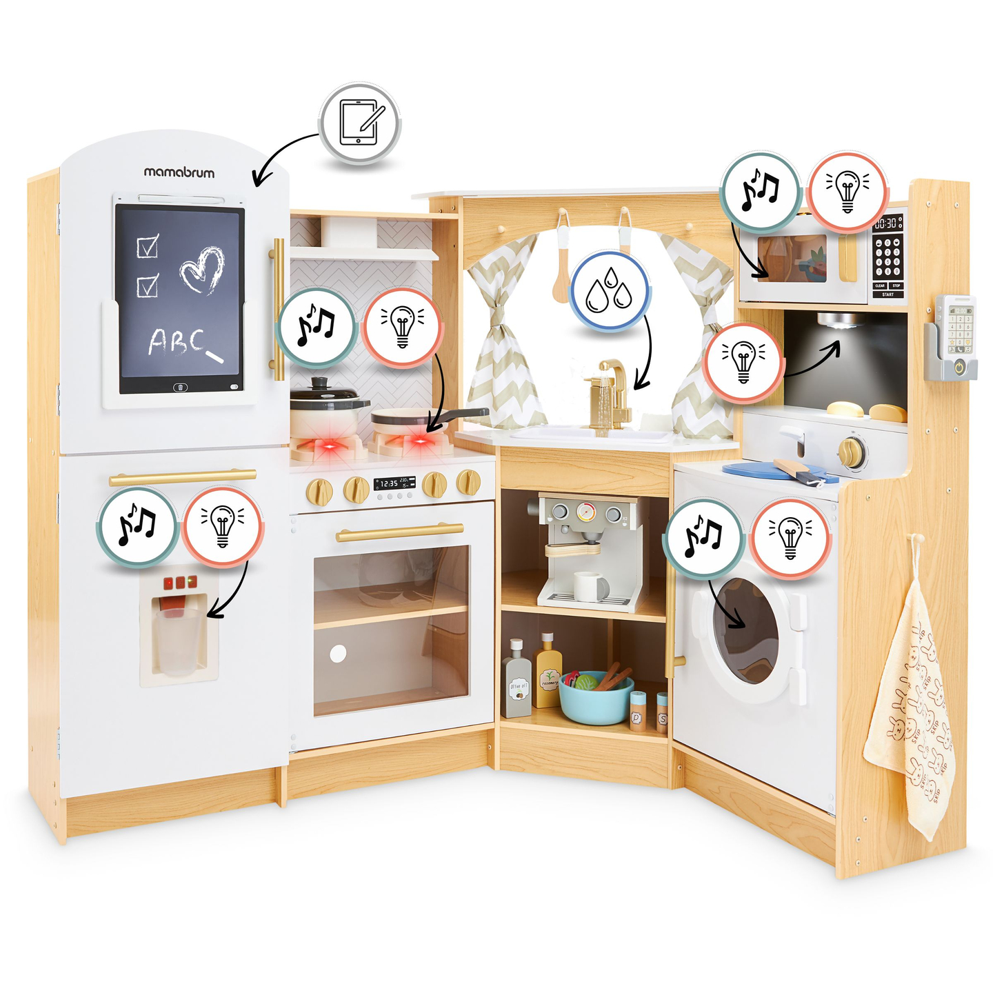 XXXXL grande cozinha interactiva de madeira com iluminação LED, máquina de lavar roupa, micro-ondas, máquina de café e conjunto de frutas e legumes - 50 elementos