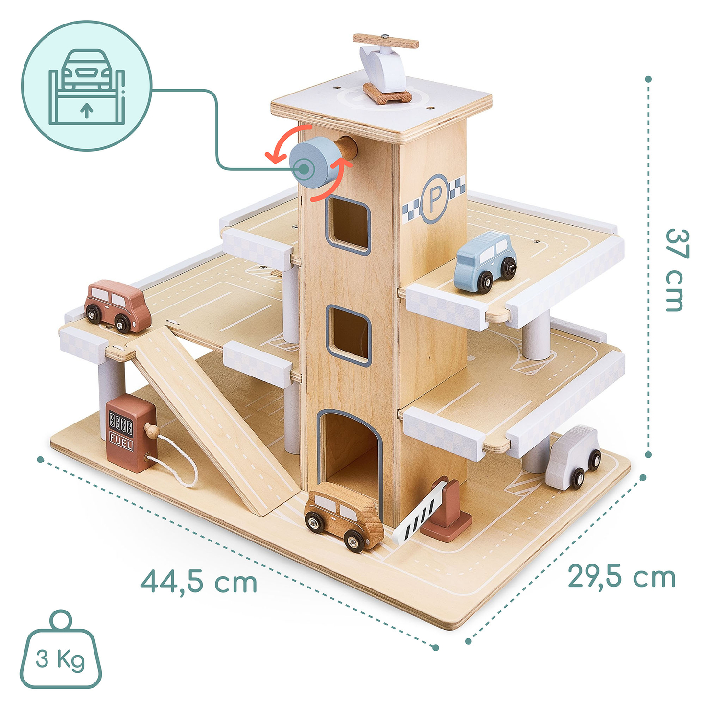 Estacionamento de três níveis em madeira com elevador - garagem para carros e helicóptero