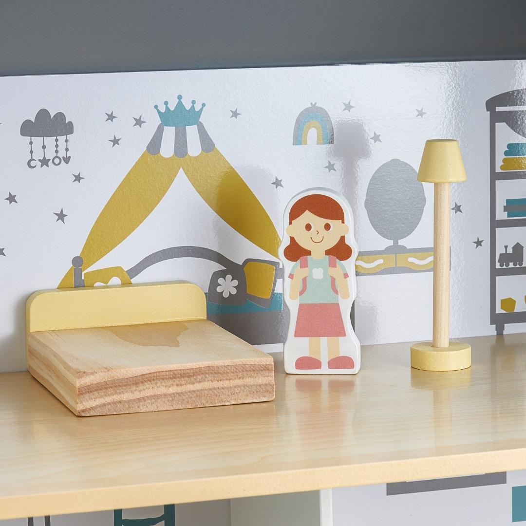 Casa de bonecas de madeira branca com terraço e acessórios