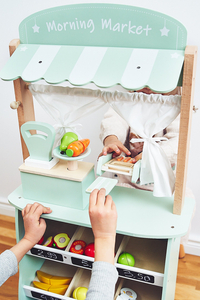 Grande loja de madeira - barraca e teatro 2 em 1 com balança, terminal de pagamento, legumes e frutas