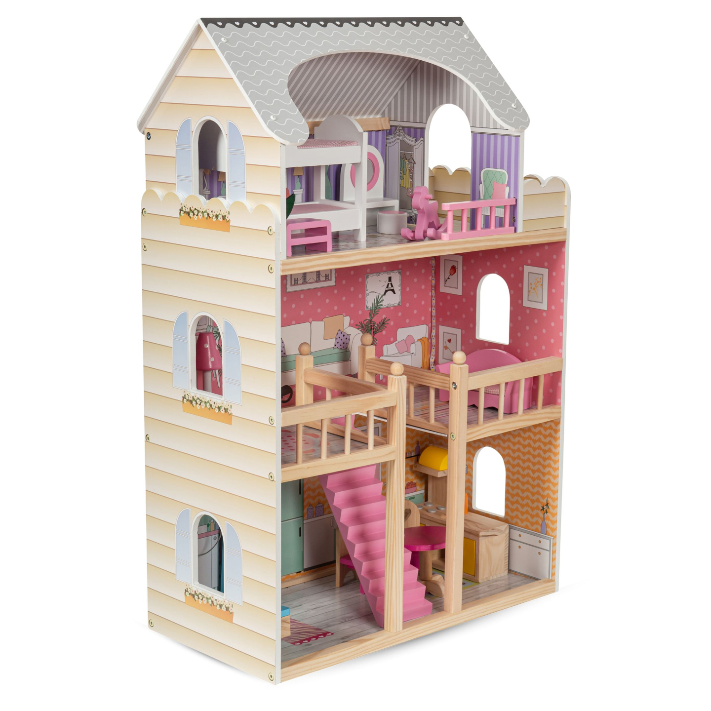 Grande casa de bonecas de madeira de 3 andares com terraço, conjunto de móveis e iluminação LED!