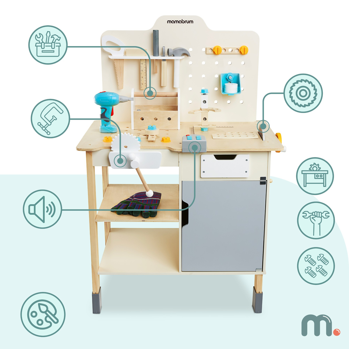 Grande oficina de madeira com ferramentas XXL - conjunto DIY, 74 elementos