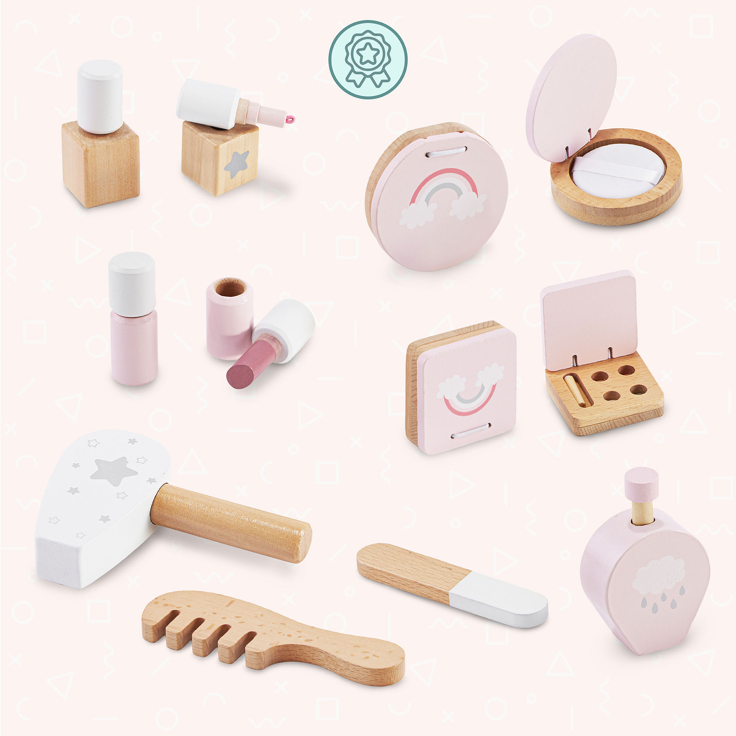 Mini penteadeira infantil de madeira com acessórios e iluminação LED com ajuste suave de brilho.