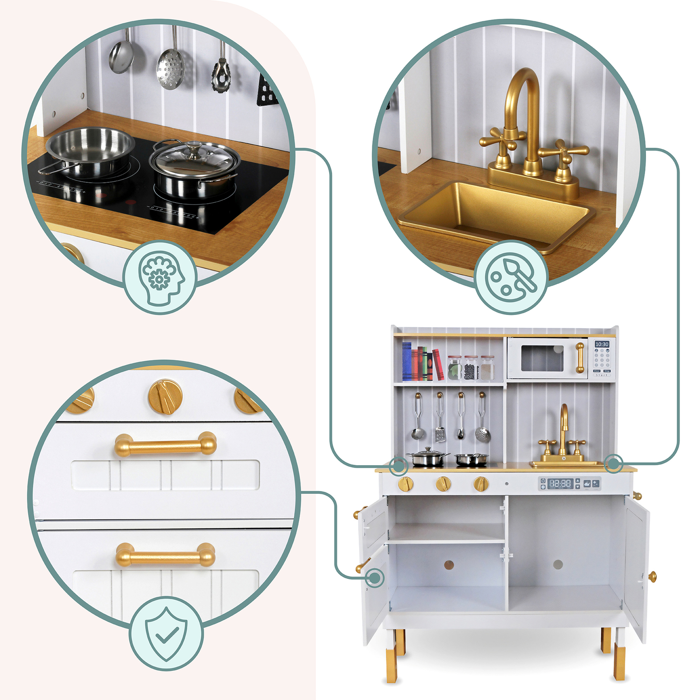 Cozinha branca em madeira com acessórios e avental