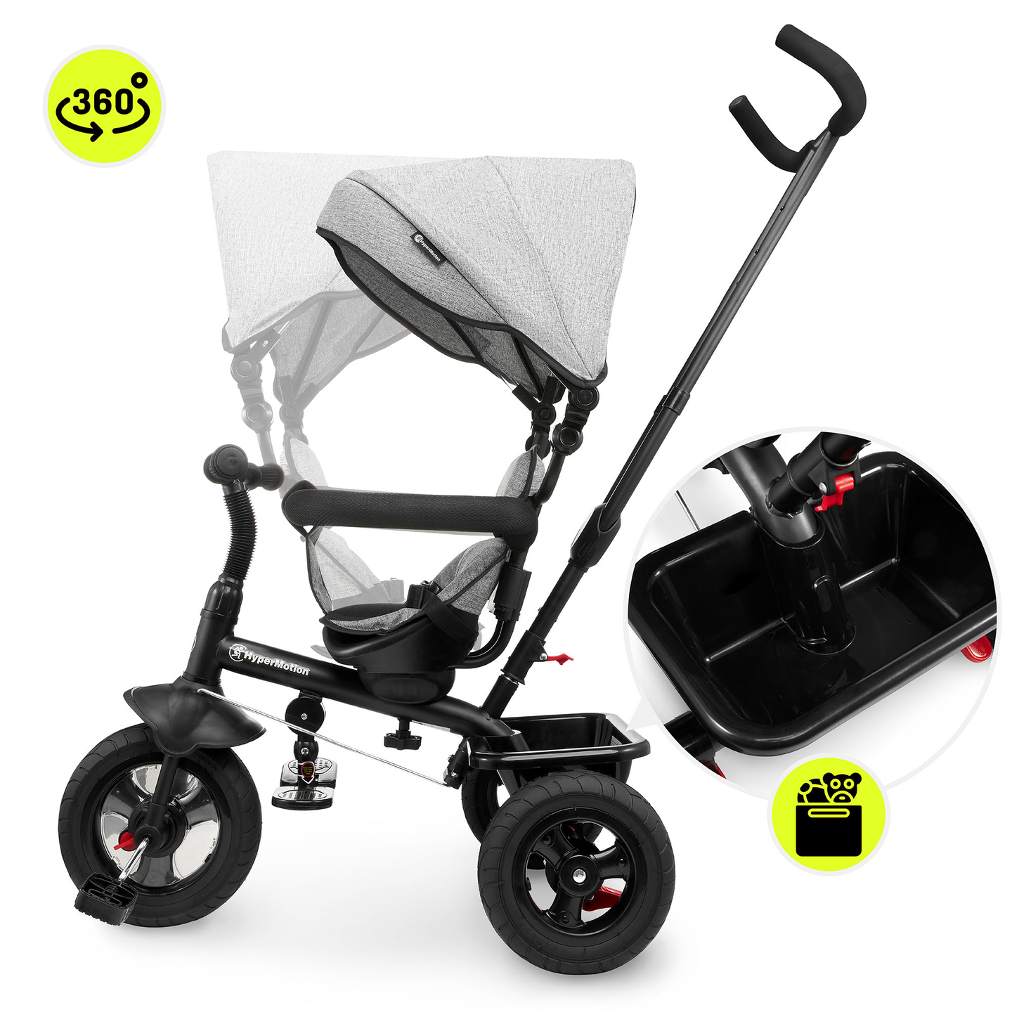 Triciclo para crianças de 1 a 4 anos - TOBI FREY - cor cinza - giratório - rodas infláveis + empurrador