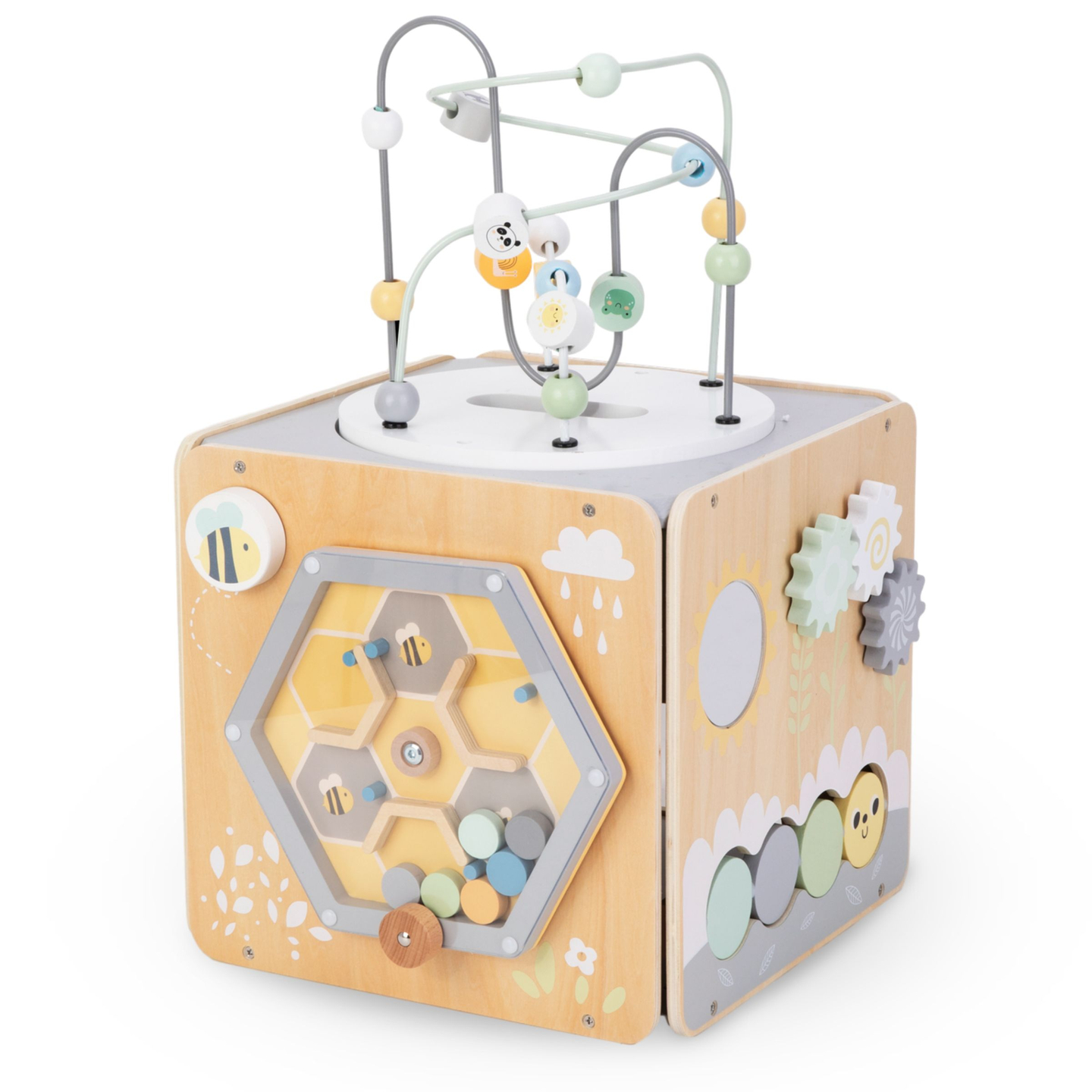 Grande cubo de atividades de madeira com laço - Montessori