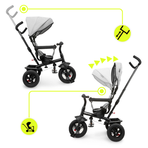 Triciclo para crianças de 1 a 4 anos - TOBI FREY - cor cinza - giratório - rodas infláveis + empurrador