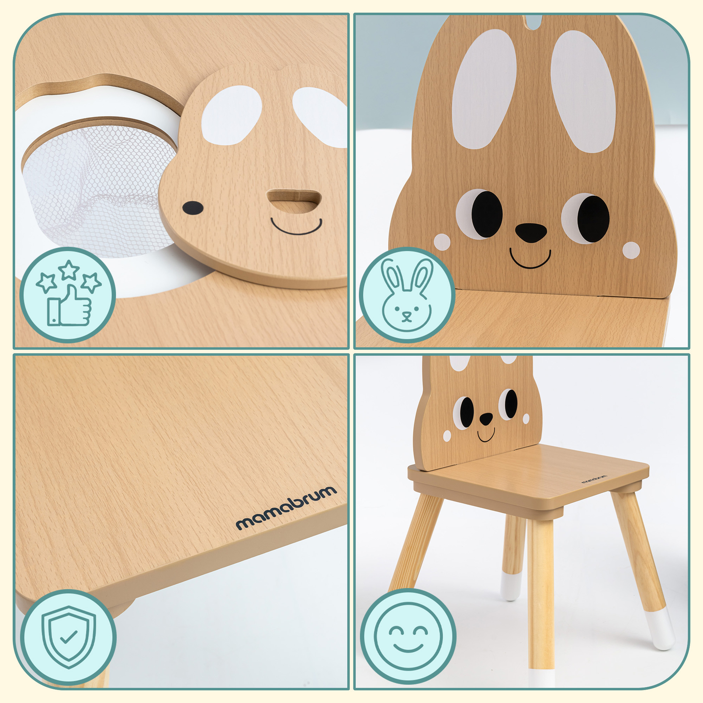 Mesa de madeira com arrumação e 2 cadeiras Conjunto infantil - Cute Rabbit