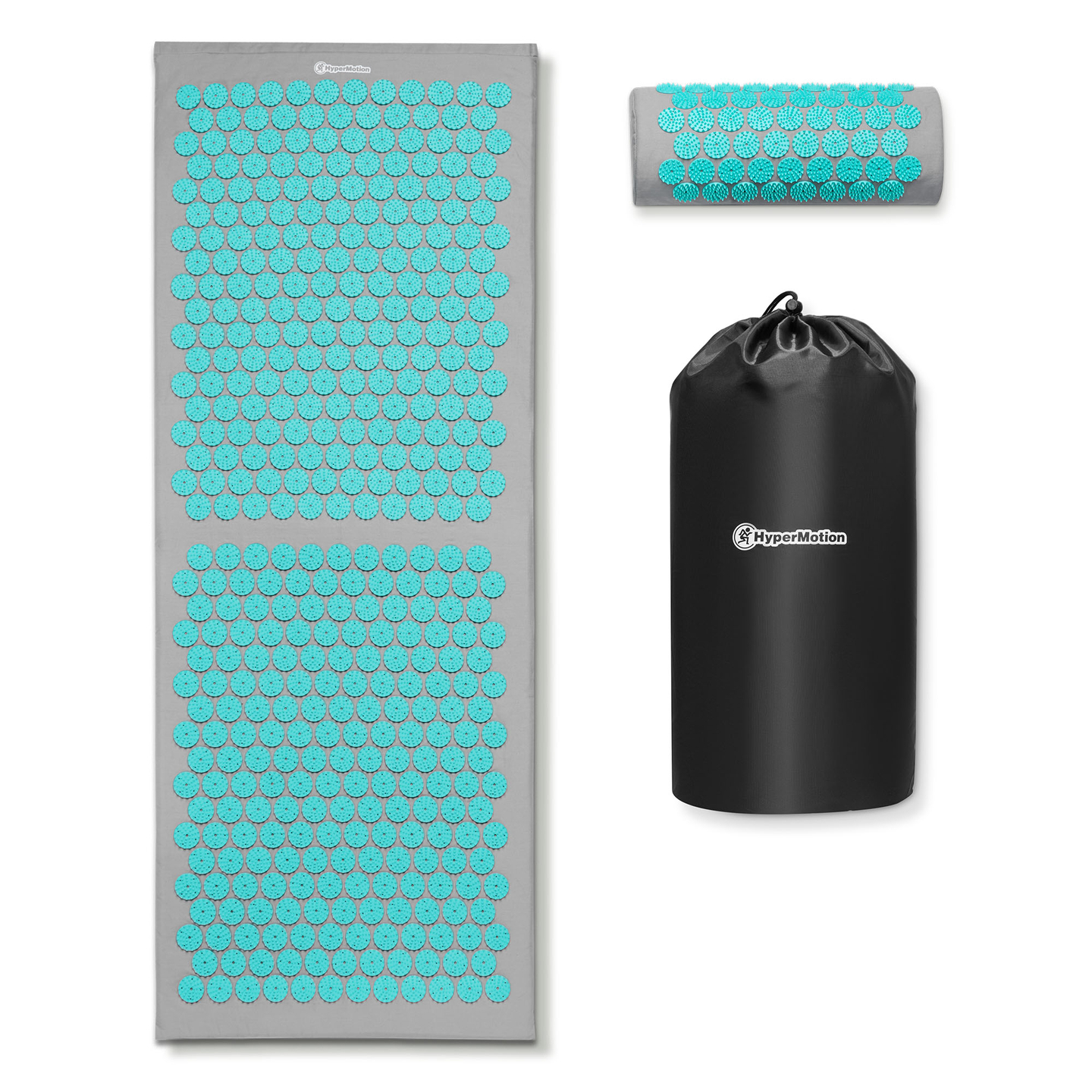 Tapete de acupressão grande com almofada e capa - 130 cm HyperMotion cinza-menta