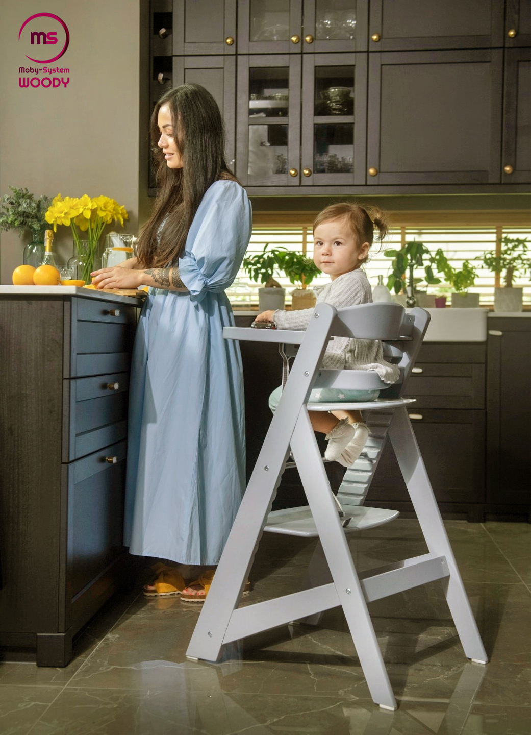 Cadeira de alimentação de madeira Moby-System WOODY - cor cinza