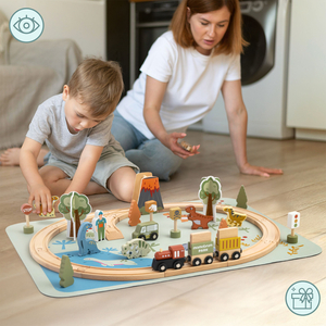 Trem de madeira Dino Park com tapete antiderrapante - dinossauros, trem, trilhos, vulcão, sino