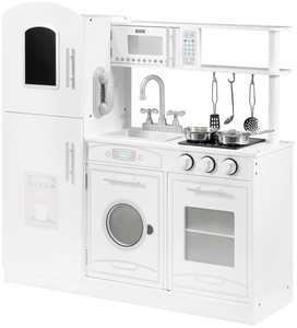 Grandes acessórios de cozinha brancos de madeira e avental