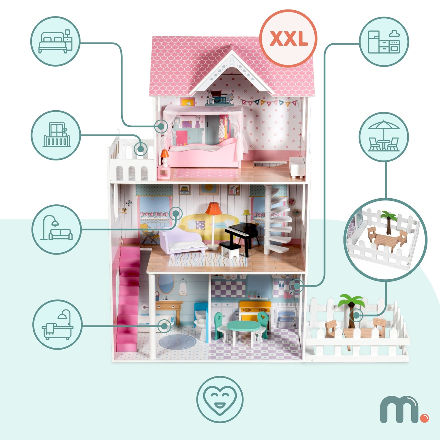 XXL A maior casa de bonecas de madeira - 123 cm - iluminada por LED - terraço, acessórios, jardim