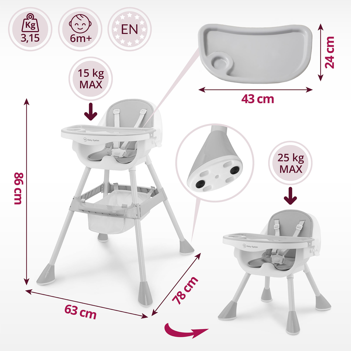 Moby-System Magnolia Cadeira alta ajustável 2 em 1 - cinzento