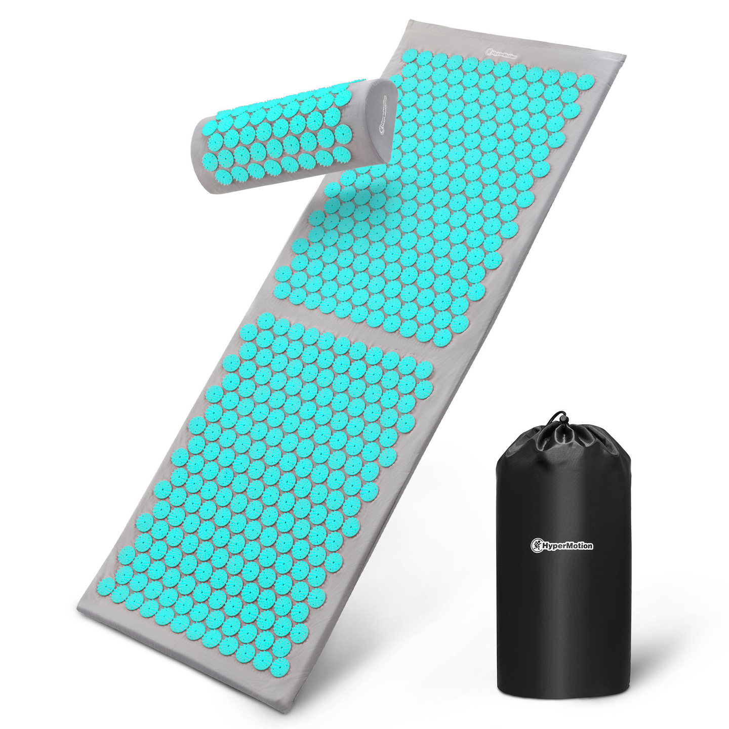 Tapete de acupressão grande com almofada e capa - 130 cm HyperMotion cinza-menta