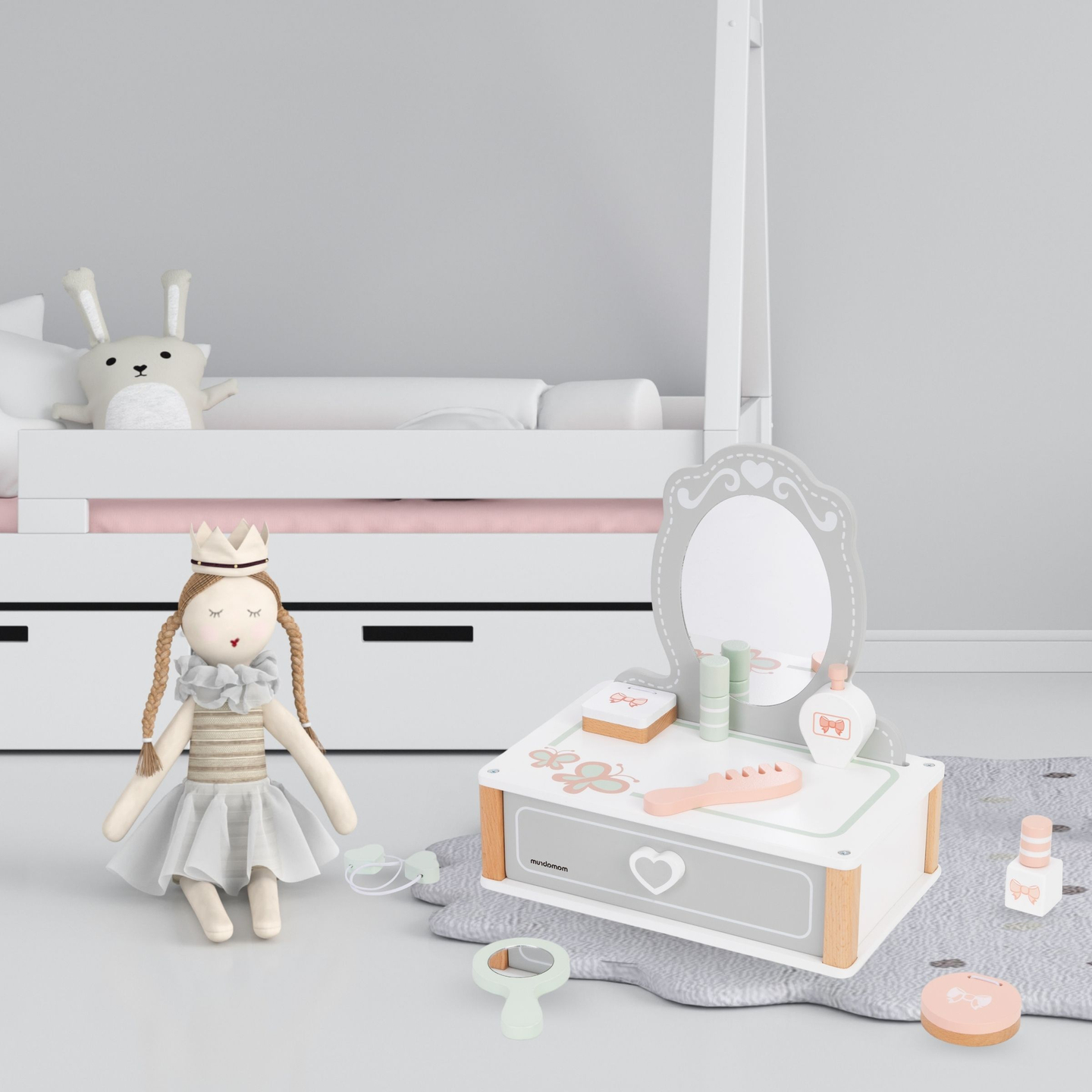 Penteadeira de madeira para crianças com acessórios