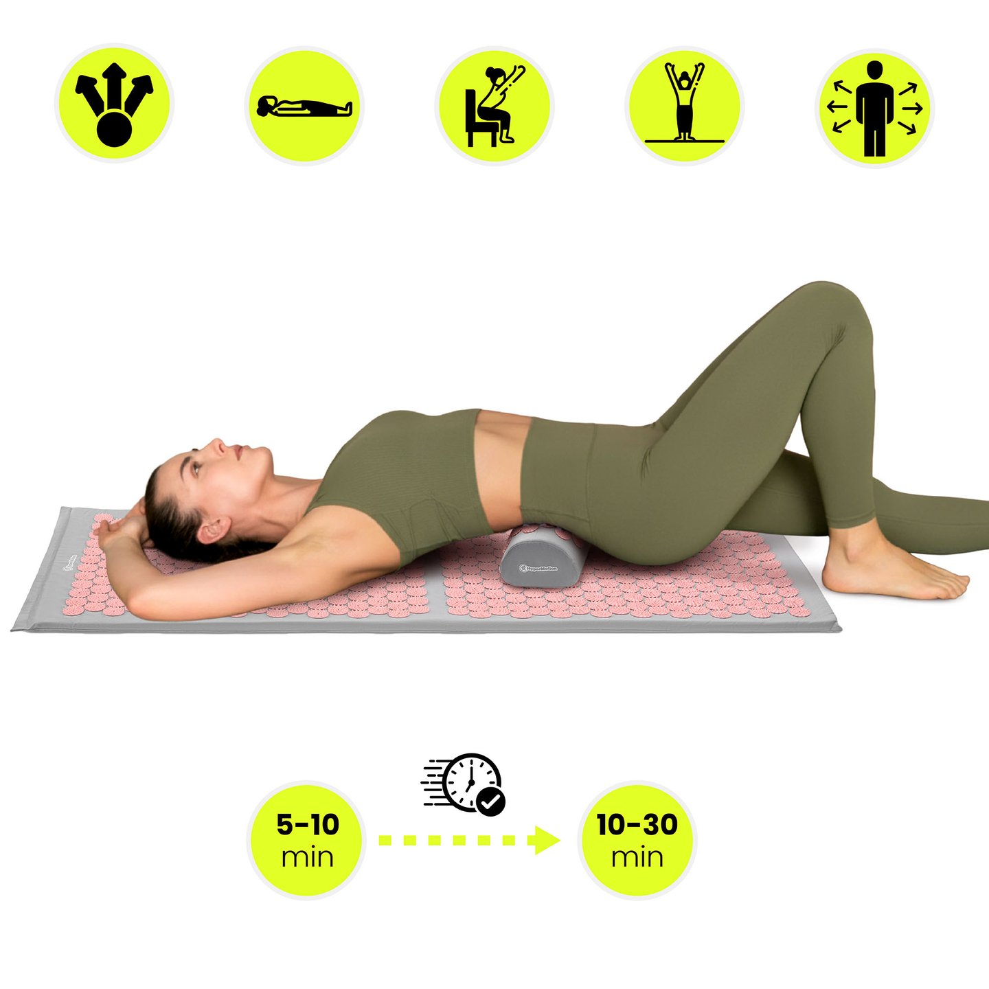 Tapete de acupressão grande com almofada e capa - 130 cm HyperMotion cinza e rosa