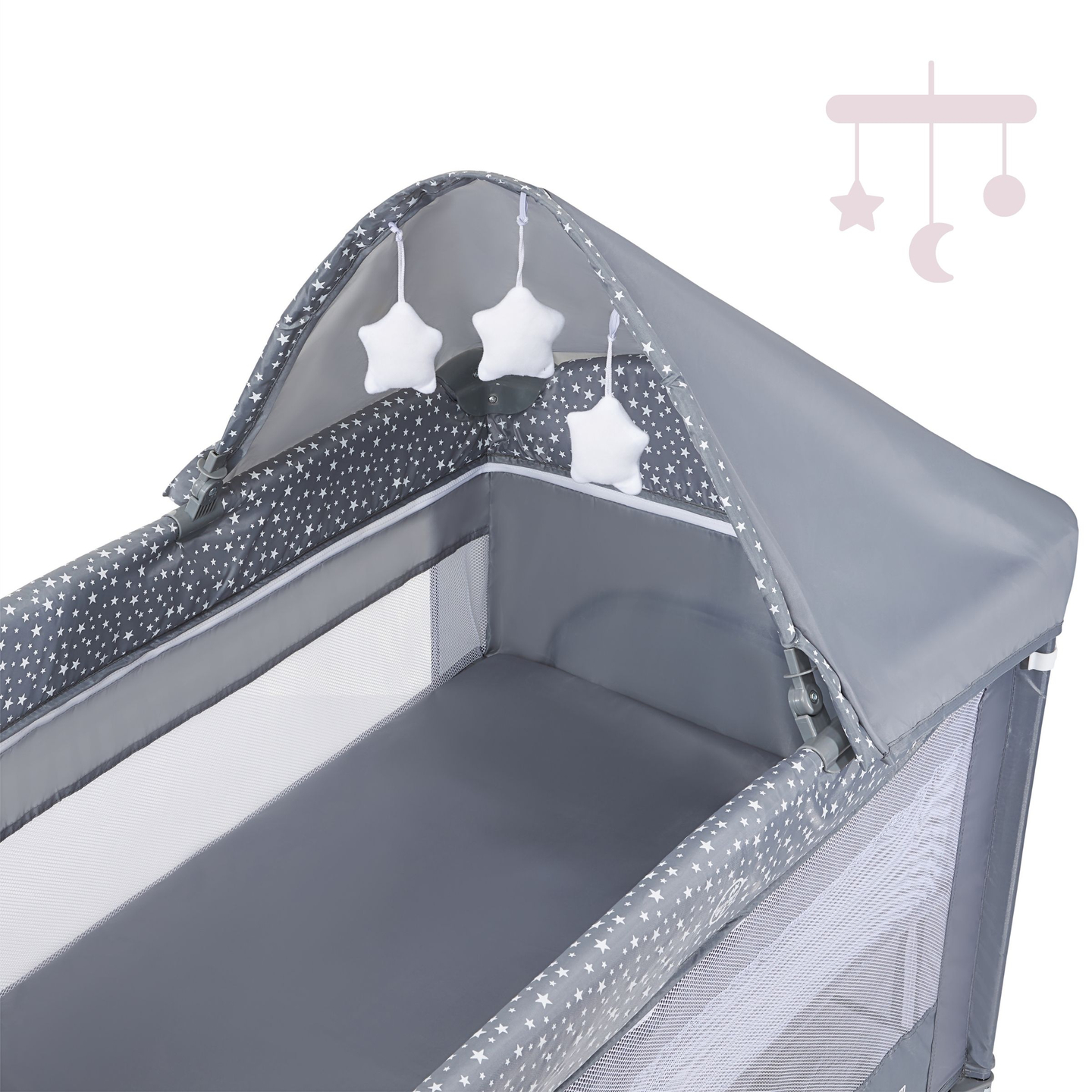 Berço de viagem / cercadinho de 2 níveis com trocador, teto e colchão Happy Traveller BASIC PLUS - cinza