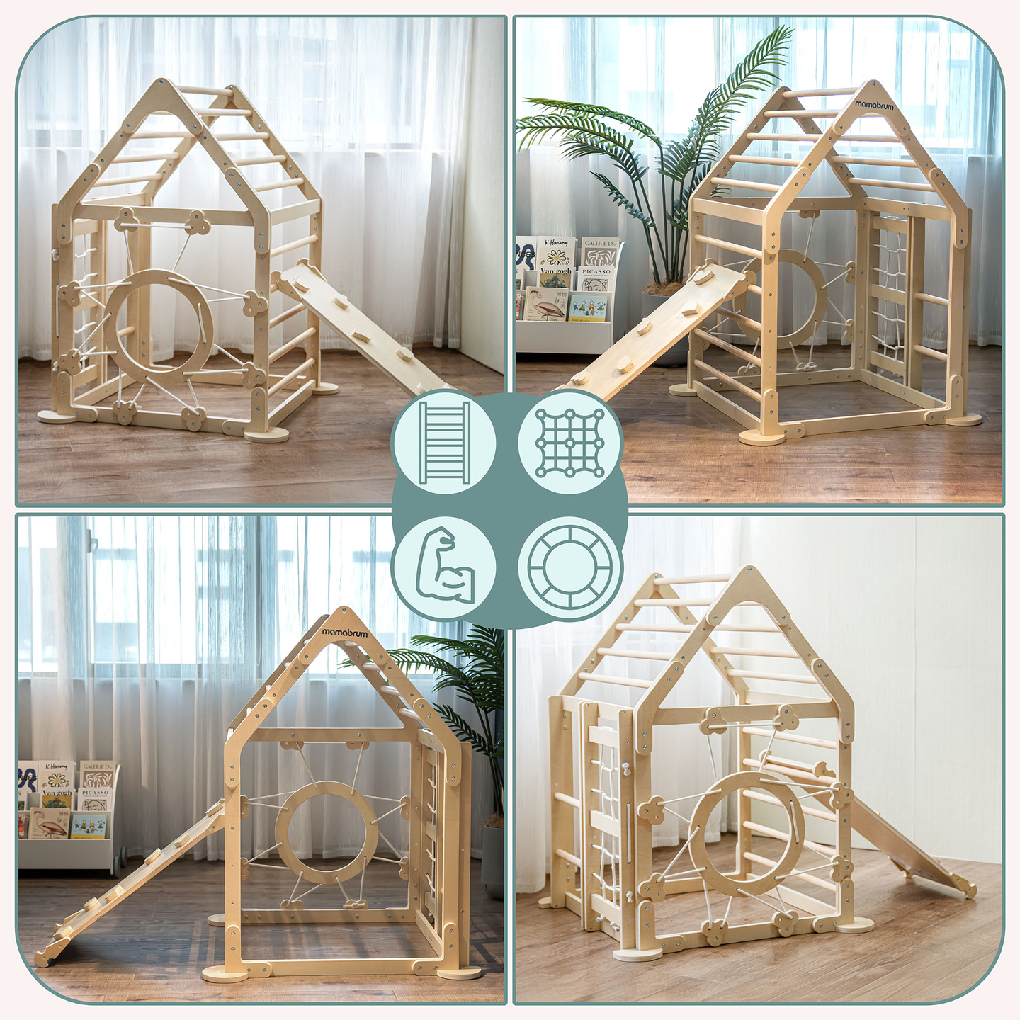 Playground interno de madeira para crianças - uma casa com escadas e um escorregador