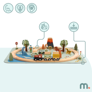 Trem de madeira Dino Park com tapete antiderrapante - dinossauros, trem, trilhos, vulcão, sino