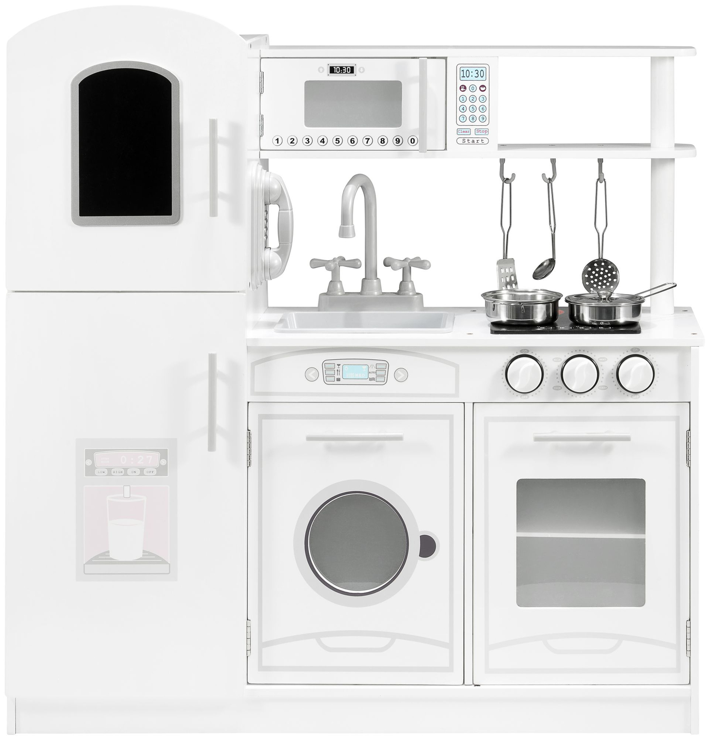 Grandes acessórios de cozinha brancos de madeira e avental