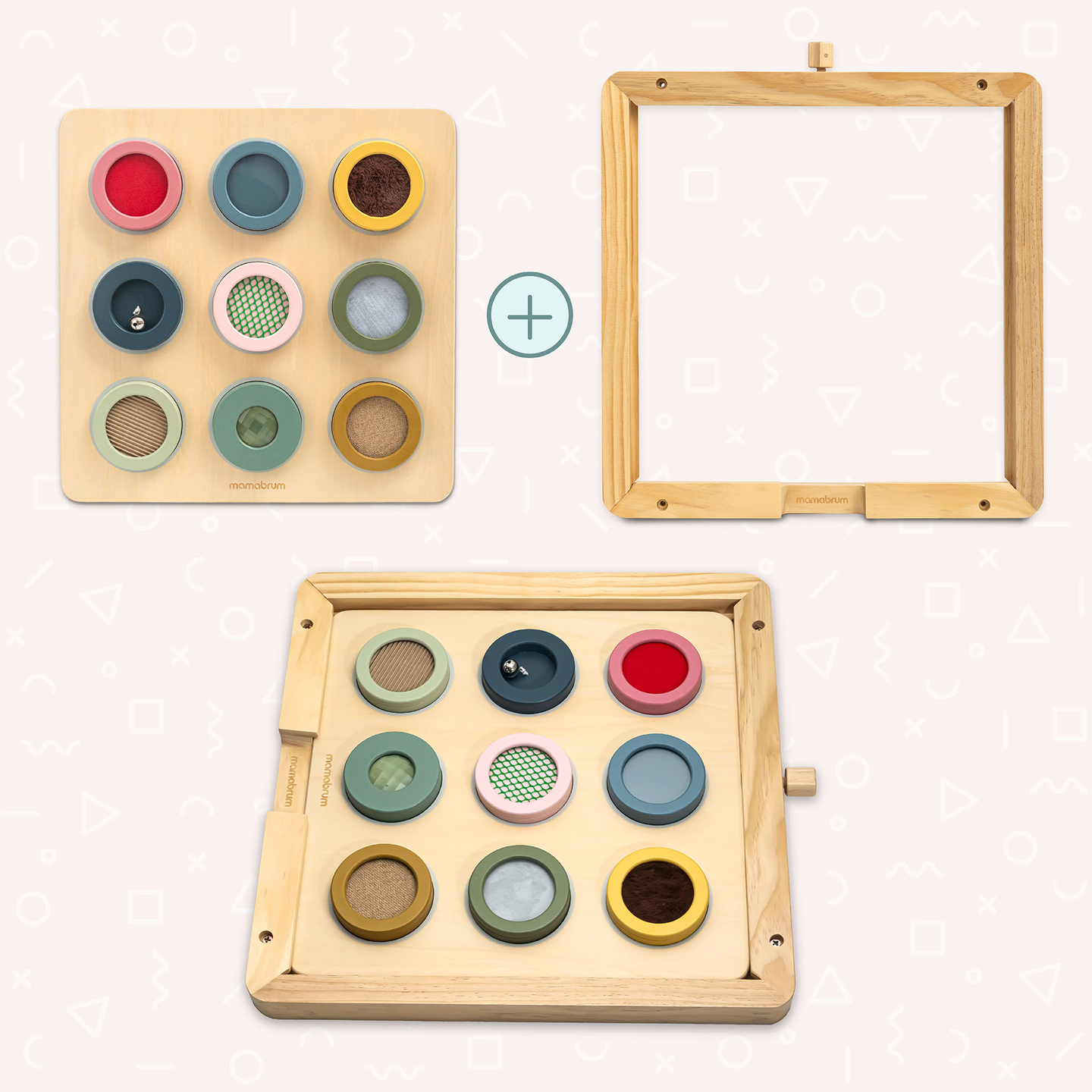 Painel sensorial Montessori de madeira – 9 texturas para descobrir e desenvolver o sentido do tato.