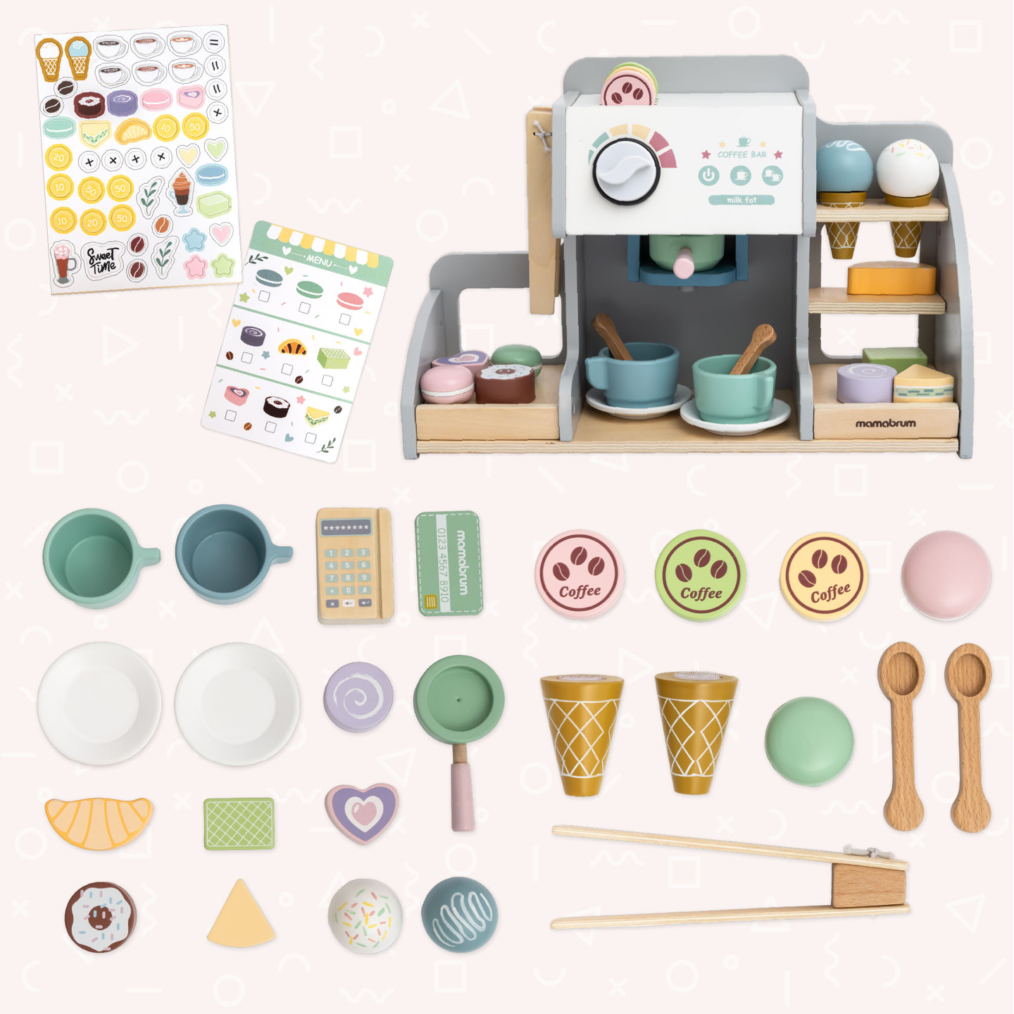 Uma grande gelataria de madeira com quadro magnético, máquina de café e conjunto de gelados e sobremesas - mais de 70 peças!