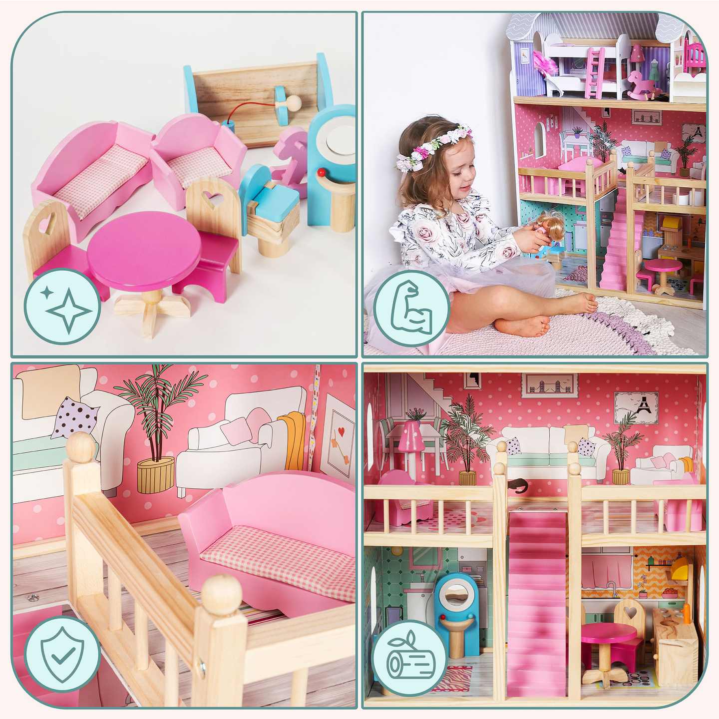 Grande casa de bonecas de madeira de 3 andares com terraço, conjunto de móveis e iluminação LED!