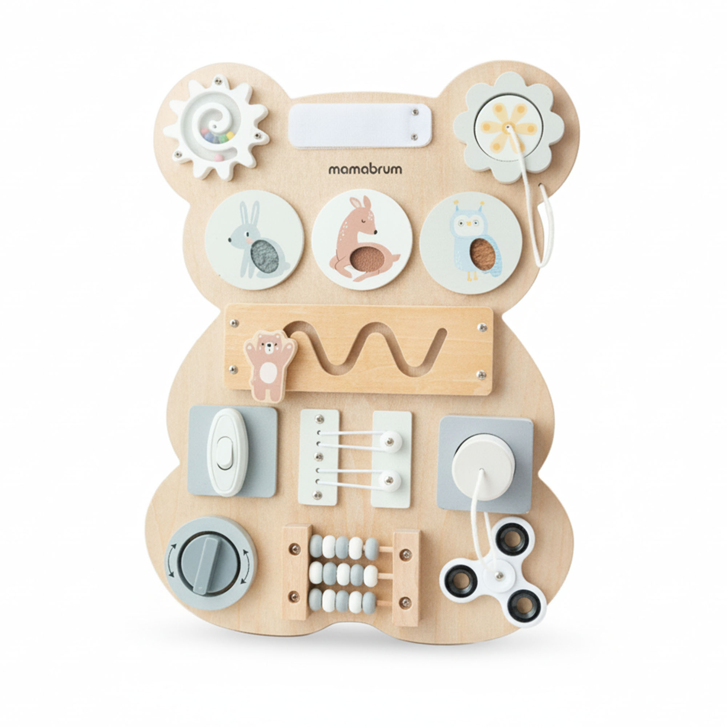 Quadro de atividades Montessori de madeira com ursinho de pelúcia - aprendizagem sensorial da independência: velcro, plugue, labirinto, botão com clique.