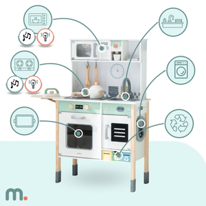 Cozinha interactiva com máquina de lavar roupa, máquina de lavar louça e quadro de giz